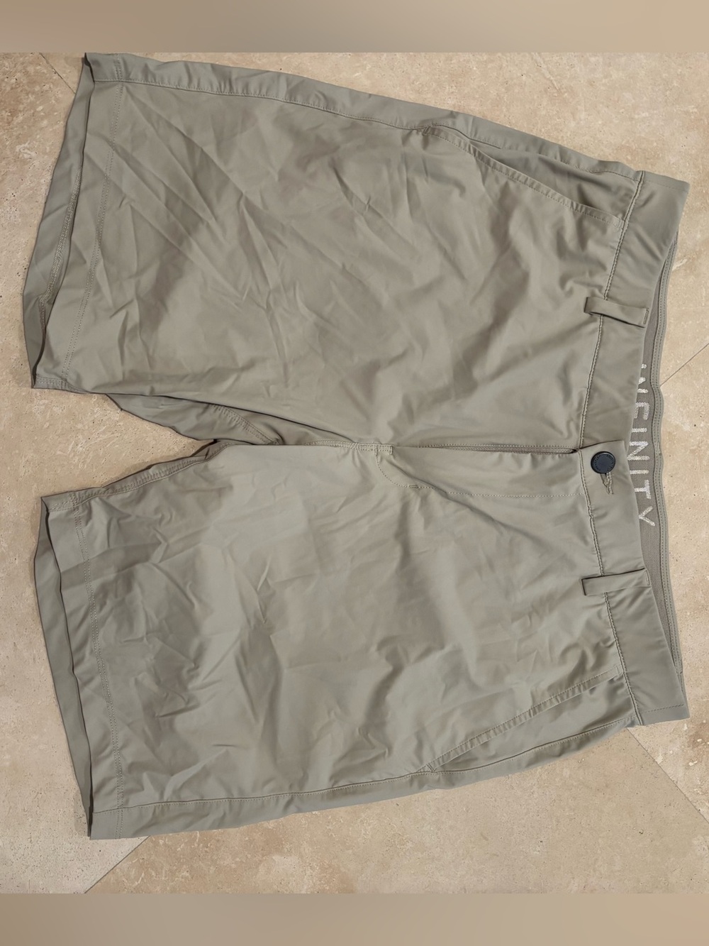 INFINITY Light Olive Flat-Front Performance Shorts - Size 34
